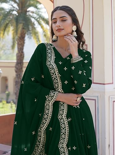 Fashion Basket Faux Georgette Sequins Anarkali Dress for Women (in, Alpha, XL, Regular, Green)