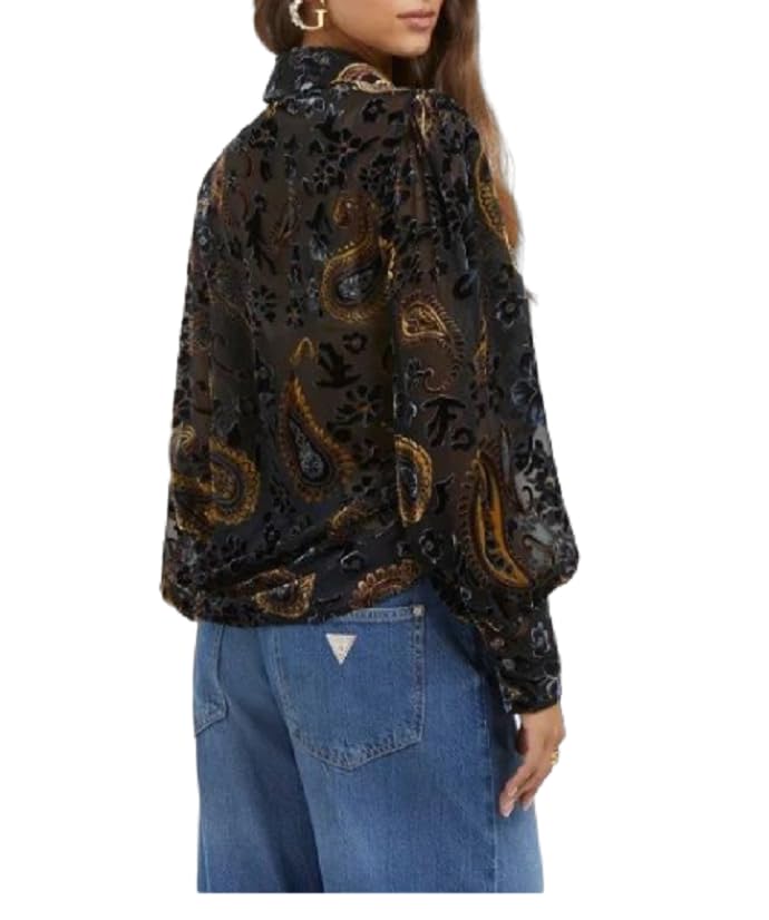 GUESS Women Black Printed Spread Collar Full Sleeves Paisley Velvet Top