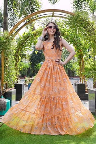ODD BY chansi TRENDZ Women's Sleeveless Printed Maxi Gown, Beige Floral Pattern, Floor Length Dress (in, Alpha, M, Regular, Orange)