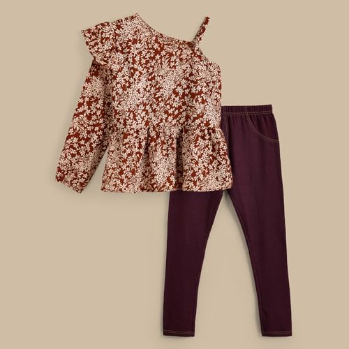 Hopscotch Girls Balloon Sleeves Brown 2-Pc Floral Blouse & Leggings (14-15 Years)