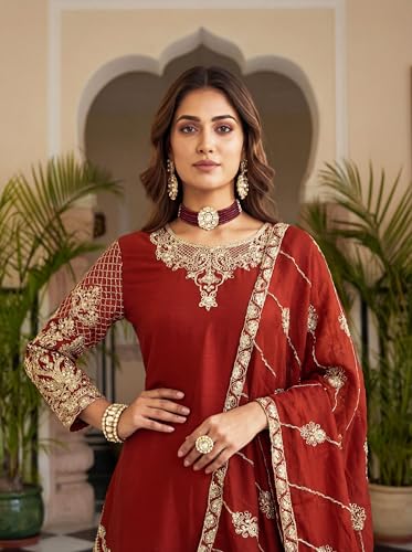 Leeli Peeri Designer Women's Chinon Silk Embroidery Kurta Sharara and Dupatta Set