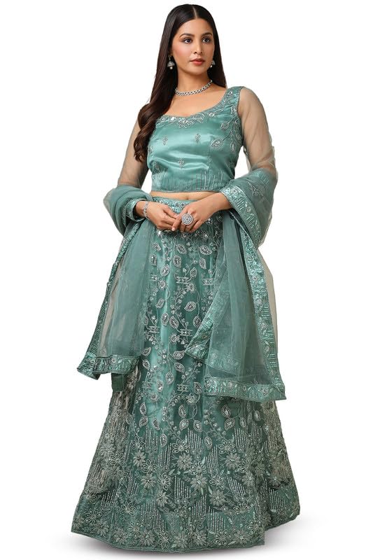 Soch Womens Sap Green Net Embellished Unstitch Ghagra Choli With Stones And  Sequins