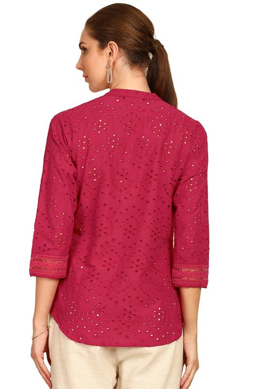 Soch Womens Red Schiffli Embroidery Mandarin Collar Cotton Tunic