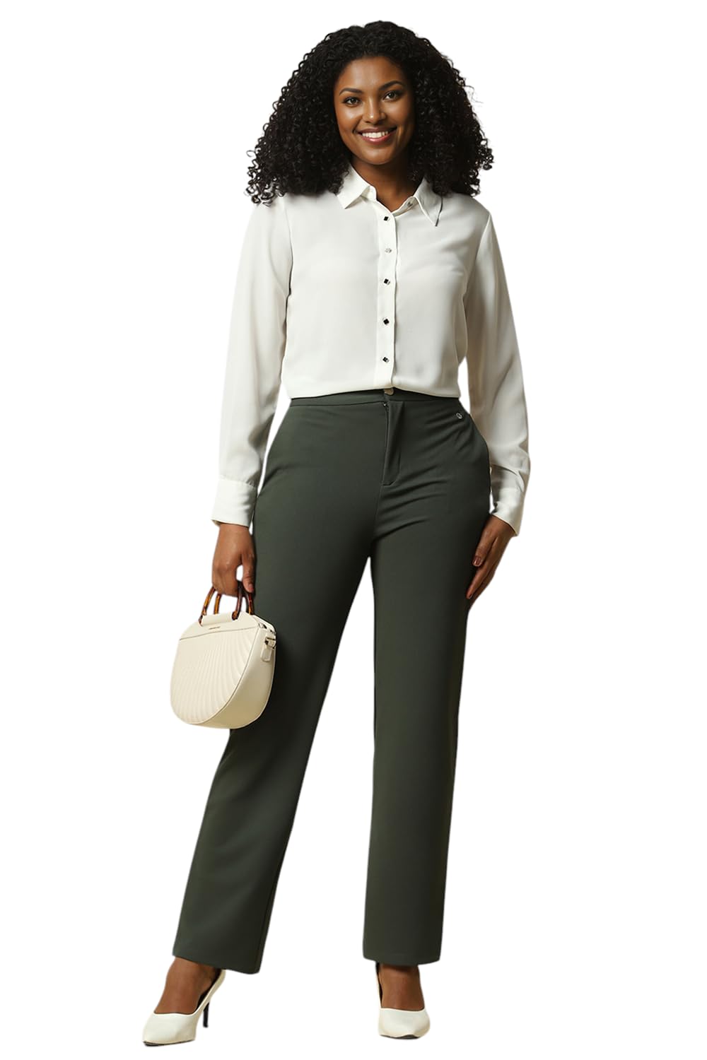 Women Olive Regular Fit Solid Formal Trousers
