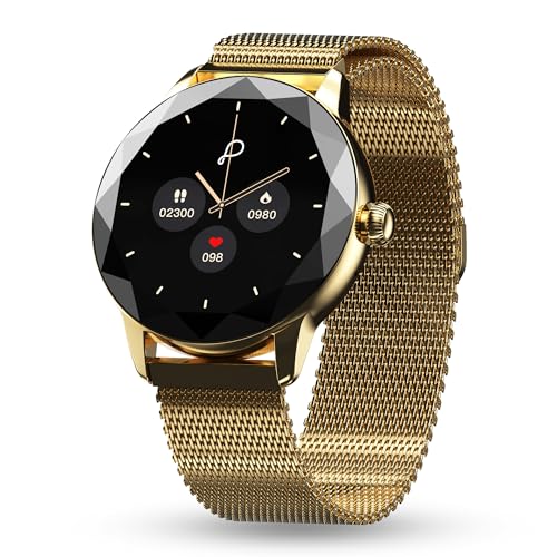 Pebble Vienna Smartwatch for Women with HD Display, Diamond-Cut Design, Glossy Metallic Finish, Mesh Metal Strap, Female Health Monitoring, DIY Watch Faces - Classic Gold