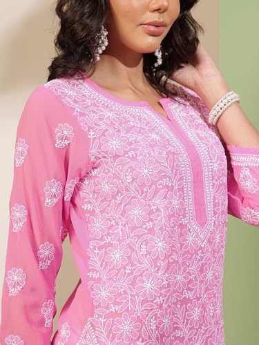 Ada Hand Embroidered Indian Chikankari Women's Faux Georgette Kurti Kurta A411221 (L_Pink), Pink, L