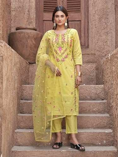 Womanista Women's Pure Cotton Kurta with Trouser & Dupatta (Kurtaset_1414_Yellow