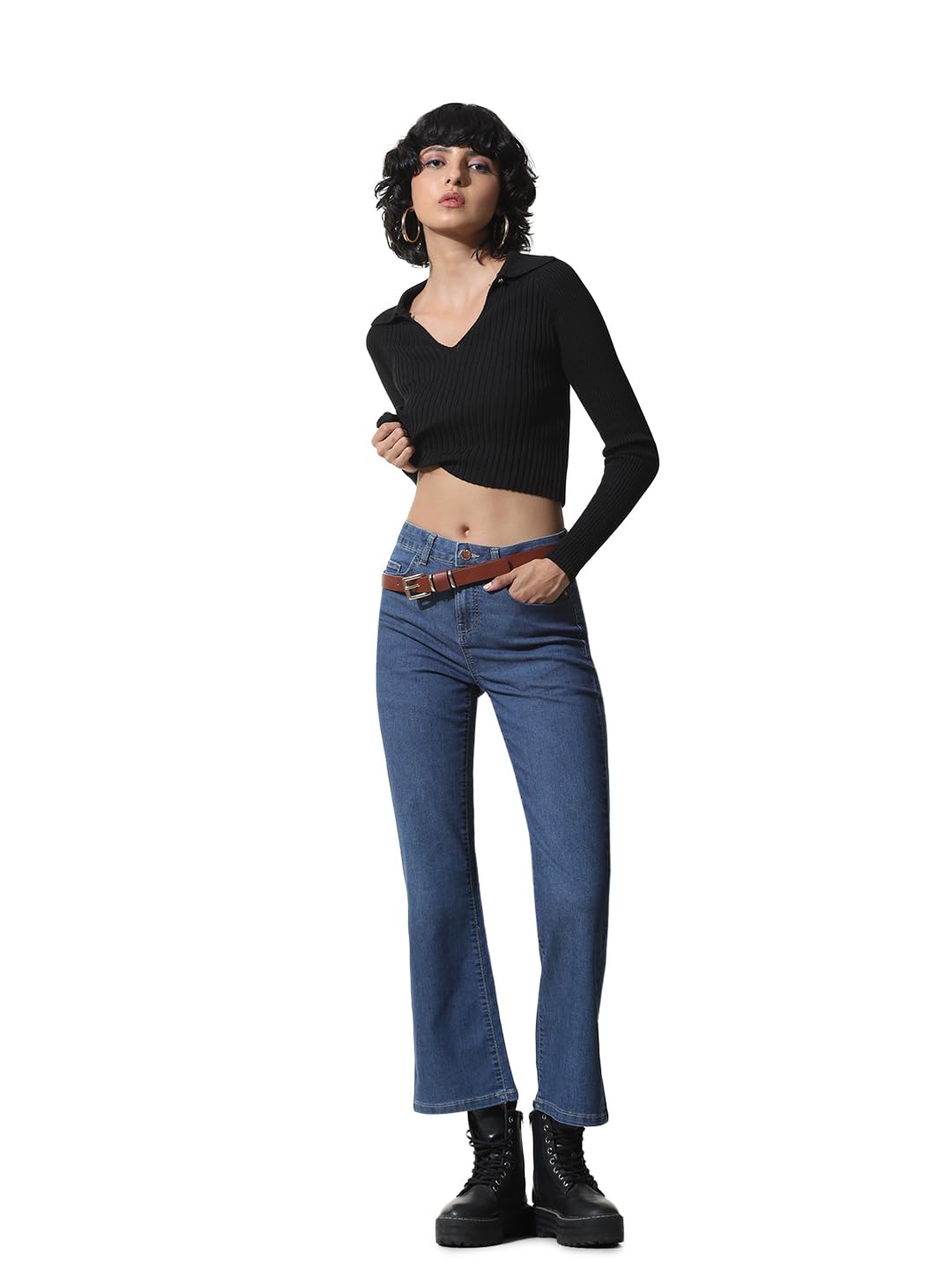 ONLY Women Solid Blue Cotton Flared Mid Rise Jeans