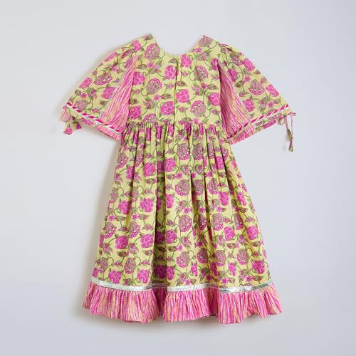 Hopscotch Girls Yellow Full Sleeves Lace Embellished Floral Cotton Dress for Age (5-6 Years)