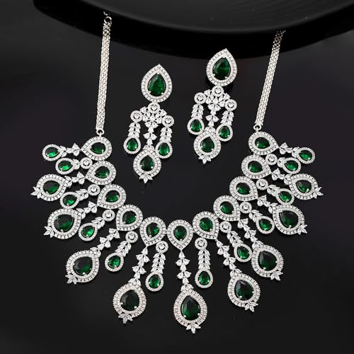 VOYLLA Sparkling Elegance Emerald Green Statement American Diamond Necklace Set|Collar Necklace Set For Women|American Diamond Necklace Set For Women|Gift For Her|Rakhi Gift For Sister|