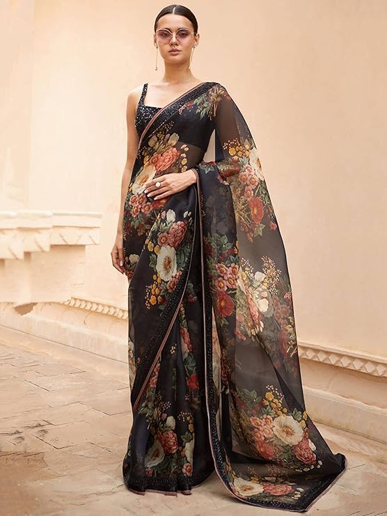 Zeel Clothing Women's Black Floral Organza Saree with Black Blouse (7027-Black-Saree-Floral-Organza-Women,Black_Free Size)