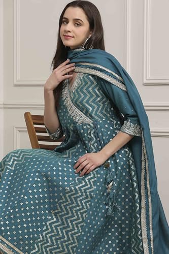 BIBA Women Teal Green Poly Cotton Anarkali Suit Set_38