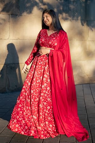 essaySumedha Agrawal Organza Satin Organza Santoon Floral Lehenga for Women (Size: L, Red)