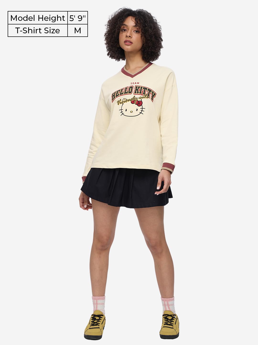 The Souled Store Hello Kitty: Viciously Cute Women and Girls V Neck Off White Graphic Printed Cotton Oversized Full Sleeves Tops