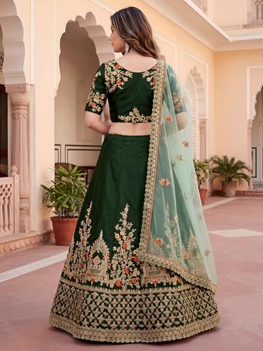 Zeel Clothing Women's Zari, Dori, and Thread Embroidered Work Satin Silk Lehenga Choli With Dupatta (7211-Green-Women-Lehenga-Choli-Latest; Free size)