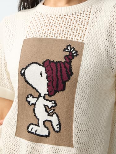 The Souled Store Peanuts Snoopster: Women and Girls Short Sleeves Round Neck Off-White Graphic Printed Cotton Relaxed Fit Breathable Lightweight Everyday Streetwear T-Shirt