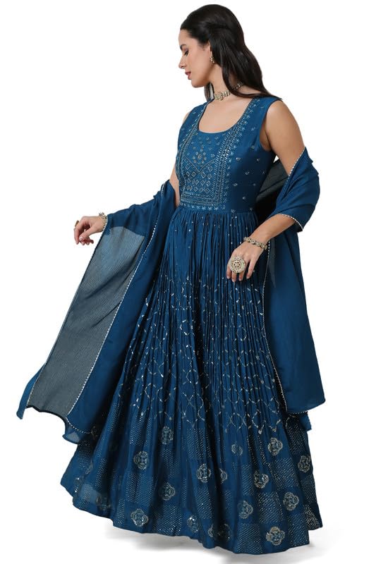 Soch Womens Teal Chinon Blend Embellished U Neck Gown with Sequins