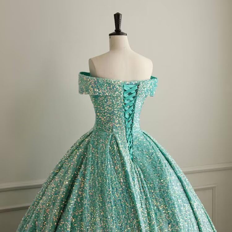 Homdor Women's Off Shoulder Sequin Prom Floor Length Dresses for Teens Plus Size Ball Gown Sparkly Quinceanera Dresses Formal Evening Gowns, Black, 18