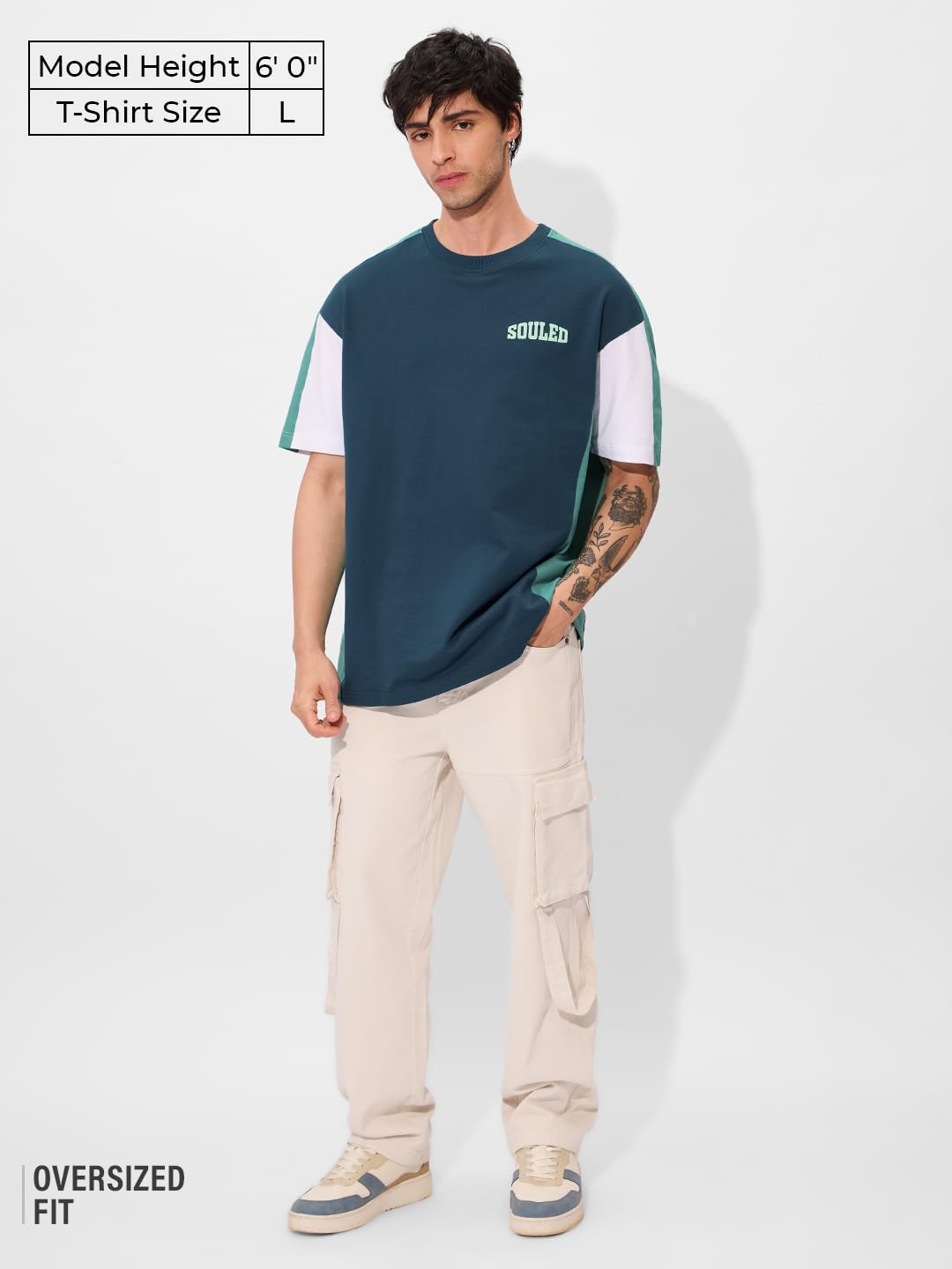 The Souled Store Solids: Deep Sea Blue Oversized T-Shirt for Men Boys Cotton Casual Half Sleeves Baggy Loose Fit Drop Shoulder Round Neck