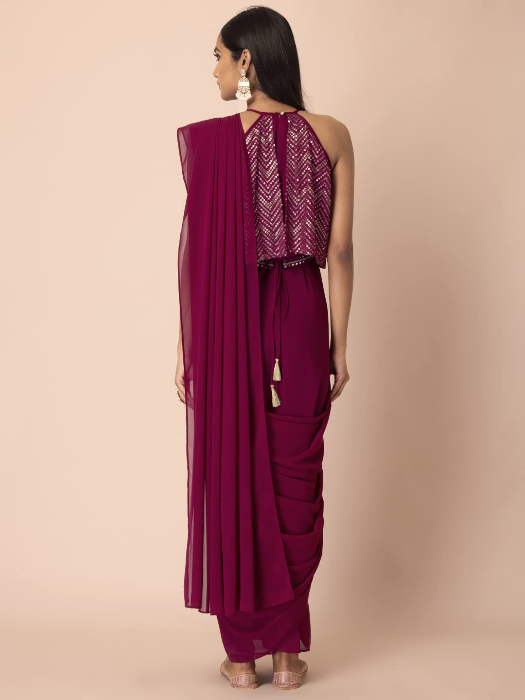 Indya Women's Woven Georgette Pre-Draped Saree (ITN04199_Wine)