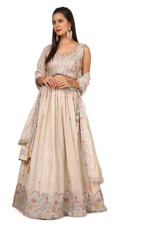 Soch Womens Beige Chinon Blend Embroidered Ghagra Choli With Sequins