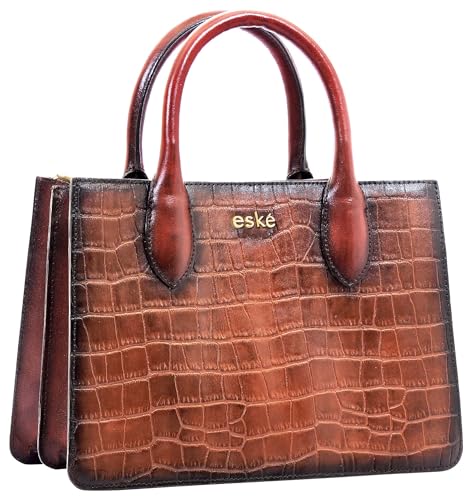 eske Noah Compact Croco Leather Handbag for Women | Italian Leather Satchel with Slider Clasp | 3 Compartments, Zipper & Slip Pockets | Removable Strap & Handles | Small Designer Office Bag (Dark Tan)
