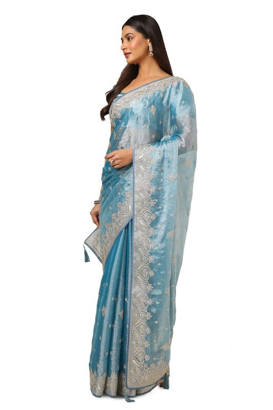 Soch Womens Powder Blue Organza Embroidered Saree With Stone Work