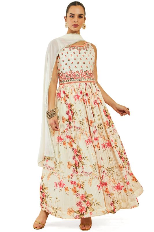 Soch Womens Off White Georgette Gown With Floral Print And Embroidery