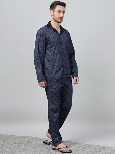 Hancock Men Cotton Printed Night Suit Navy Blue Size XL