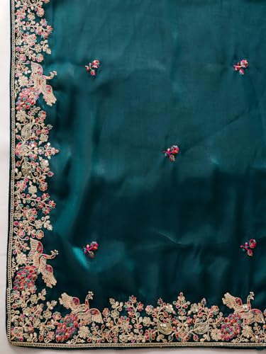 Ekasya Women Jimmy Silk Teal Green Floral Pattern Embroidery Work Saree With Unstitched Blouse (E6386_2)