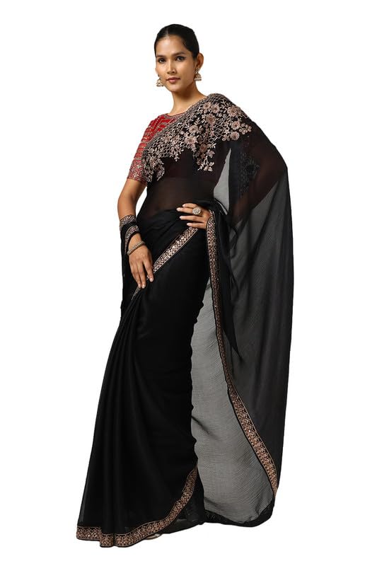 Soch Womens Black Chiffon Embroidered Saree With Sequins