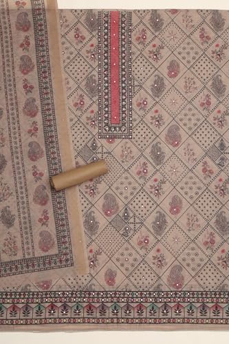 Soch Womens Beige Linen Shimmer Paisley Print Dress Material With Faux Mirror