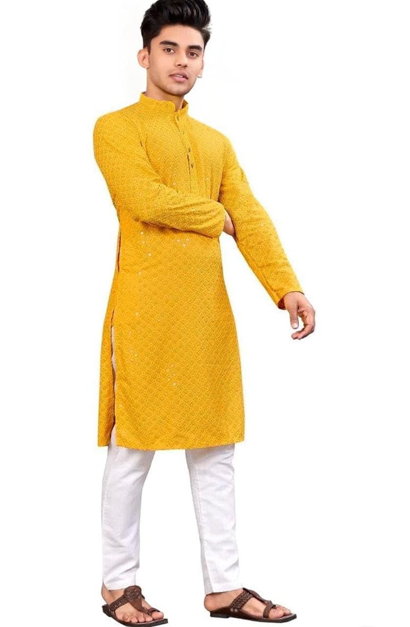 Trustous Silk Men's Indian Ethnic Wear Straight Fit Lucknowi Kurta Yellow, Large