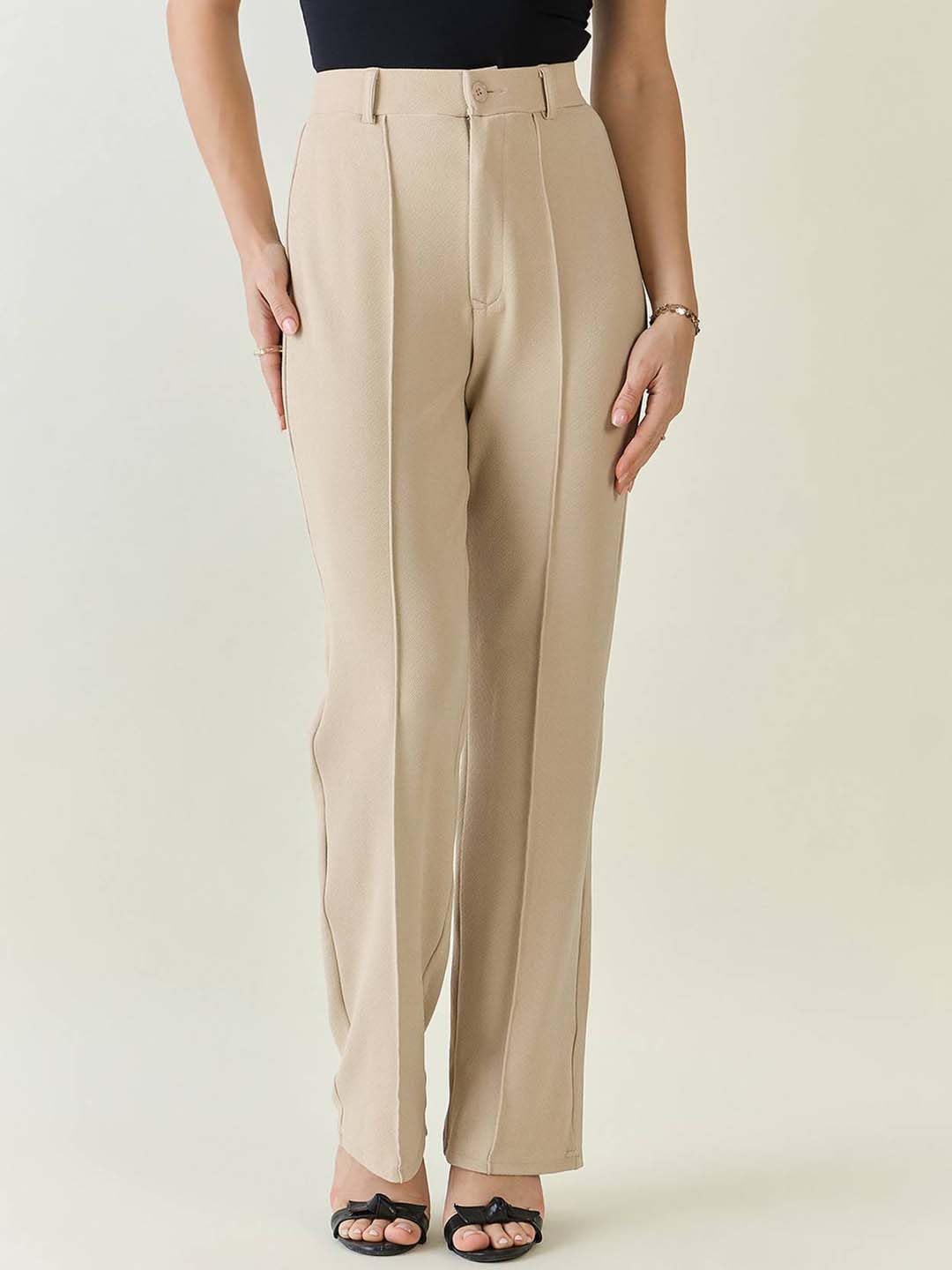 KOTTY Womens Solid Polyester Blend Best Beige Straight fit Trousers (Beige,32)
