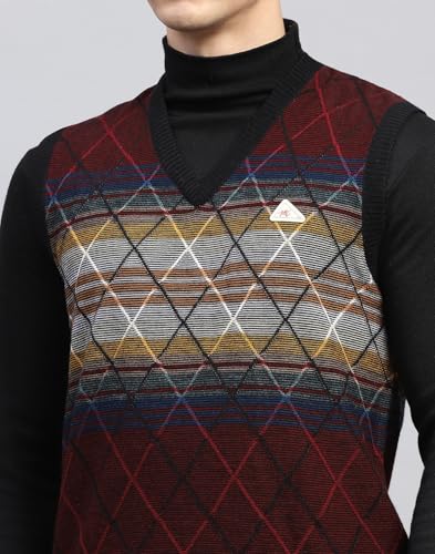 Monte Carlo Mens Self Design Maroon V Neck Sleeveless Sweater (1243215SL-2-44)