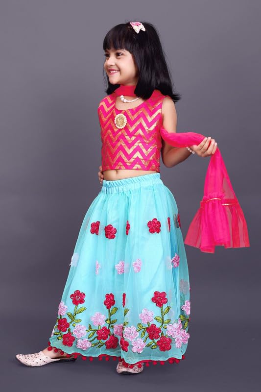 satyamfab Kids Net Fabric Thread Embroidered Work Lehenga With Jacquard Weaving Choli and Smooth Net Dupatta for Girls
