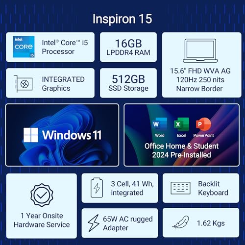 Dell Inspiron 3530 Laptop, 13th Gen Intel Core i5-1334U Processor, 16GB, 512GB SSD, 15.6"(39.62cm) FHD 120Hz 250 nits, Backlit KB, Windows 11 + MSO'24 & 15 Month McAfee, Silver, Thin & Light- 1.62kg
