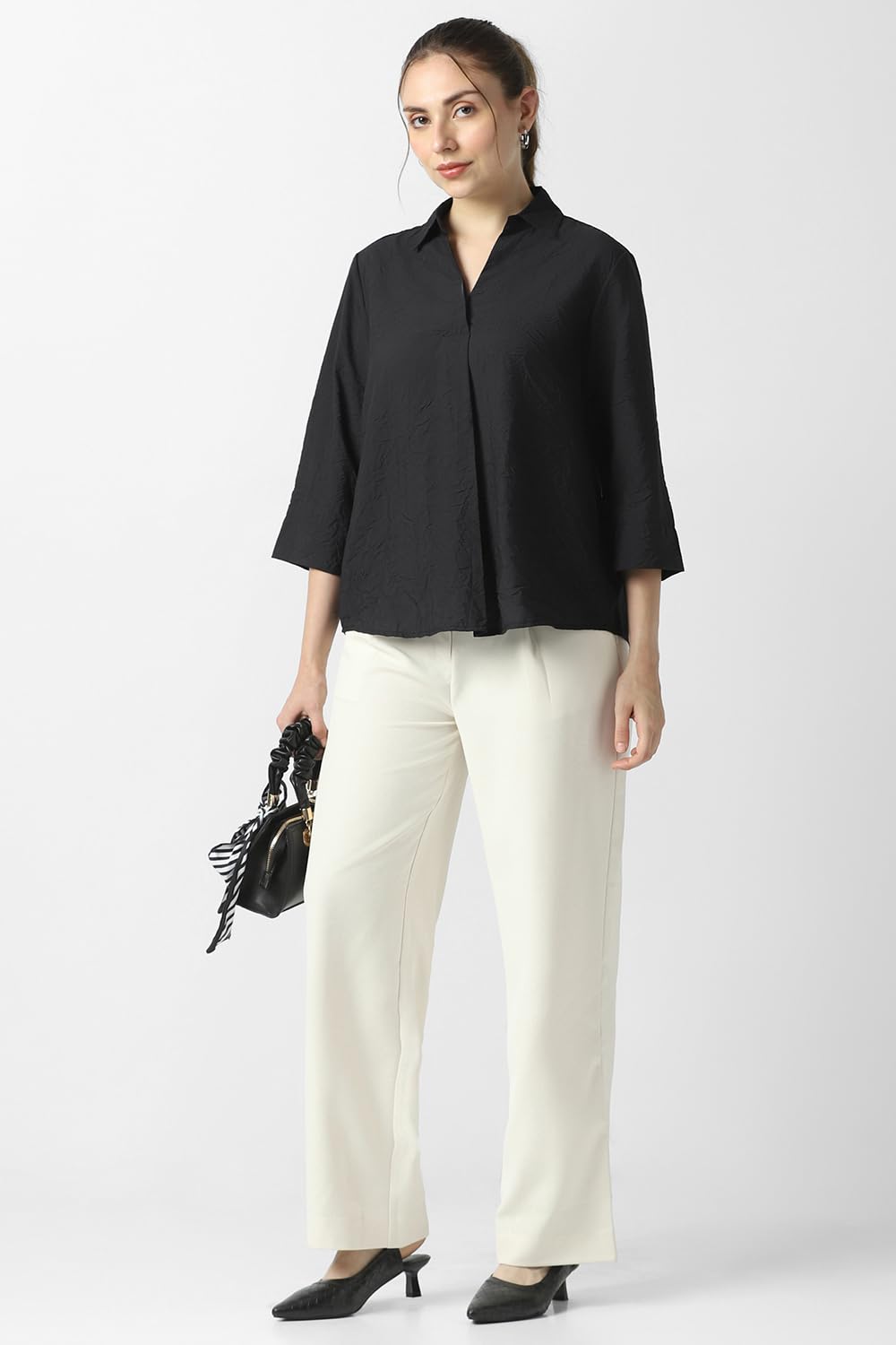 Women Black Solid Formal Stylized Neck Top