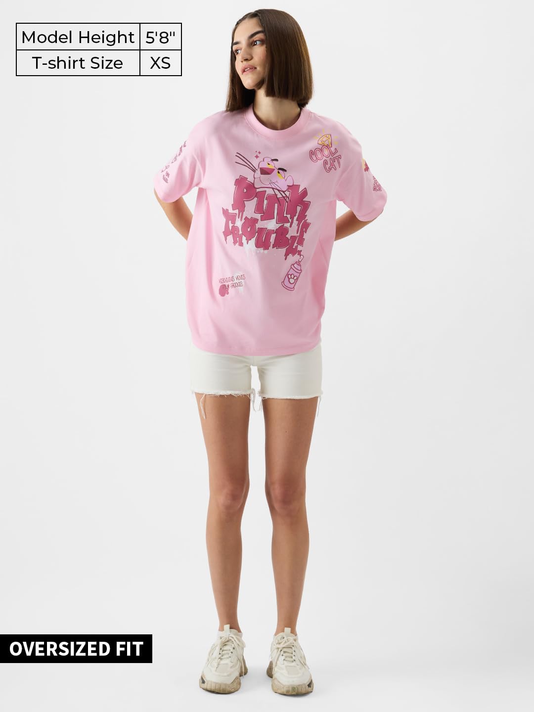 The Souled Store Official Pink Panther: Pink Trouble Women and Girls Short Sleeve Round Neck Pink Graphic Printed Cotton Oversized T-Shirts
