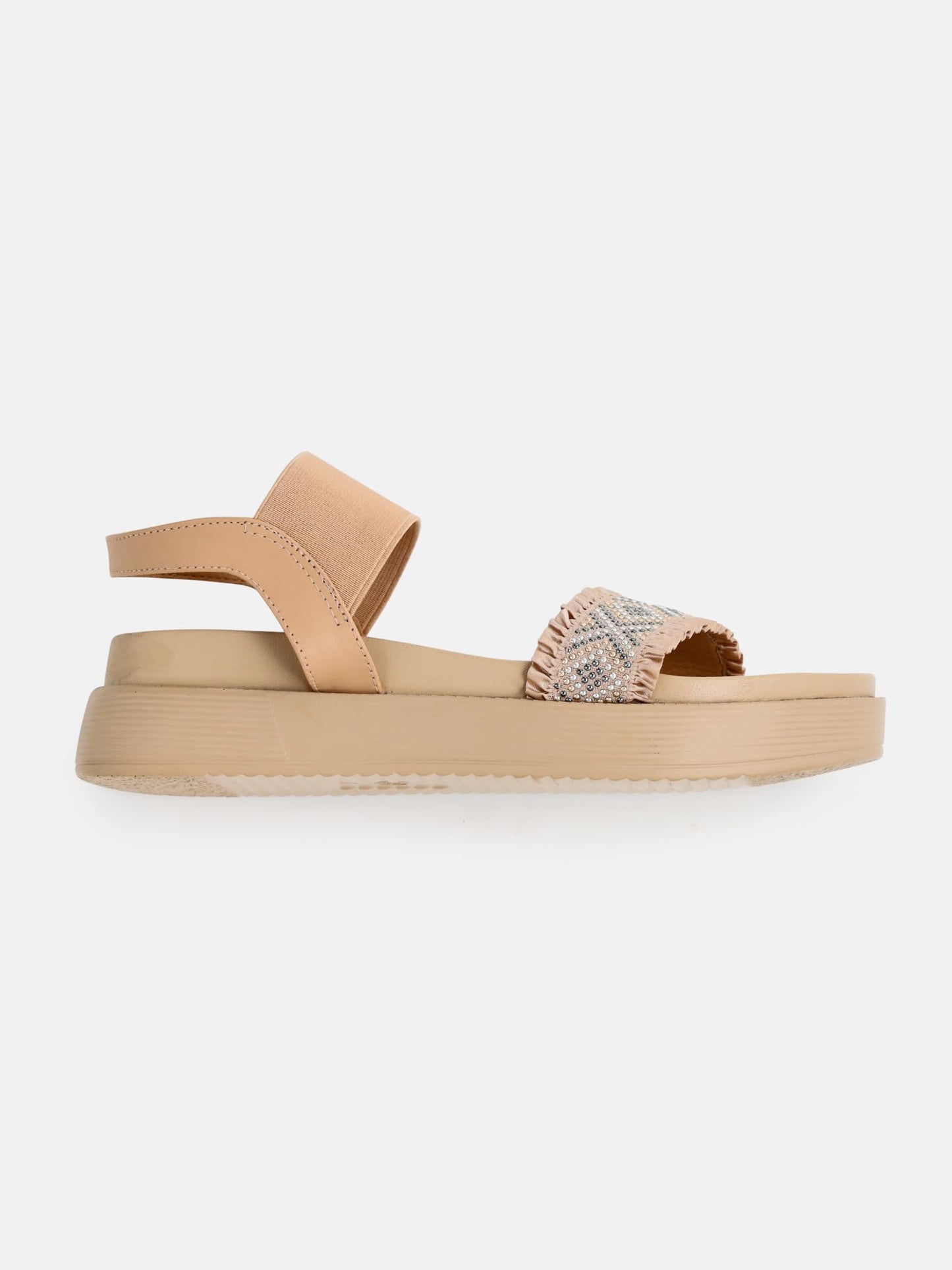 Kenneth Cole Women's Flatform Sandal | Premium Synthetic Upper | Ladies Open-Toe, Slingback Design, Cushioned Footbed | Dazzling Beaded-Embellished Vamp Strap, Ruffled Edges | Elevated Contemporary Style, Effortless Comfort & Chic Appeal | Beige, UK6