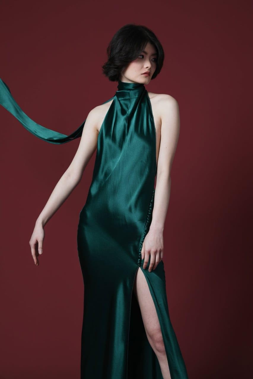 HarLiv SATIN GOWN Wome Full Length Emerald