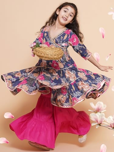Bitiya By Bhama Girls Blue & Pink Floral Printed Angrakha Pure Cotton Gotta Patti Kurta With Sharara(TKS104)