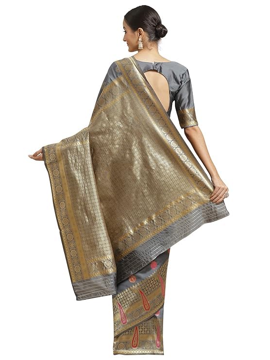 SAREE MALL Women's Grey Silk Blend Floral Printed Saree With Unstitched Blouse (SKRA26009_GIF)