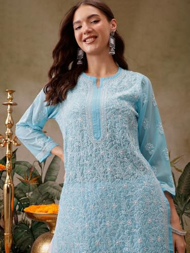 Ada Lucknowi Hand Embroidered Chikankari Straight Georgette Kurti Kurta for Women A95484 Blue (5XL)