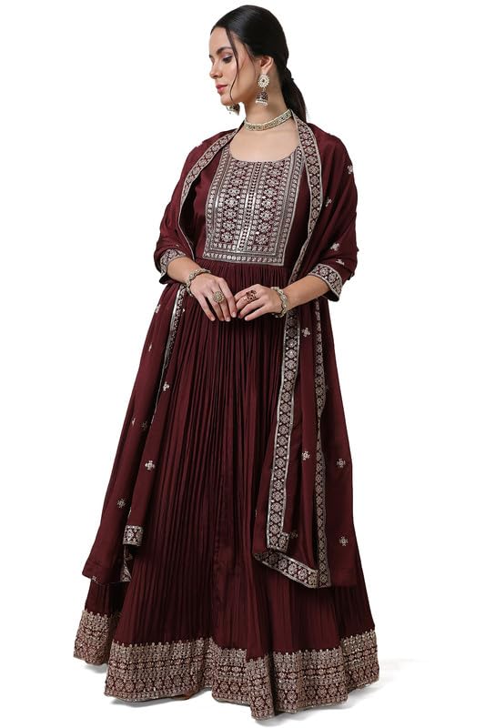 Soch Womens Maroon Embroidered Chinon Blend Gown with Sequins - Main Image