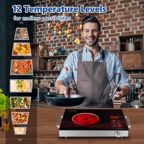 Sizzle Cook Single Burner Infrared Electric Stove, Small Countertop Portable Hot Plate for Cooking, 2200W Ceramic Glass Infrared Burner with LCD Touch Screen