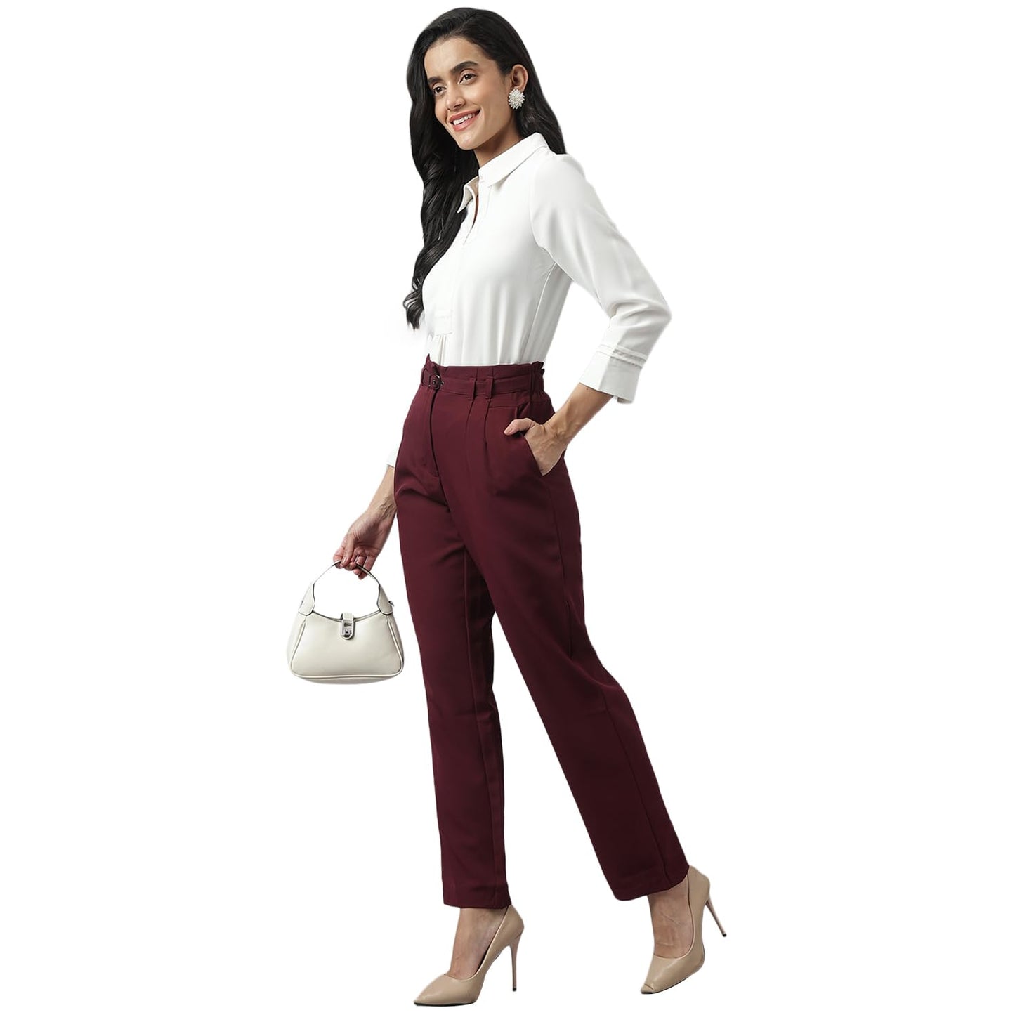 Latin Quarters Women's Maroon Solid Straight High Rise Formal Pant_XL