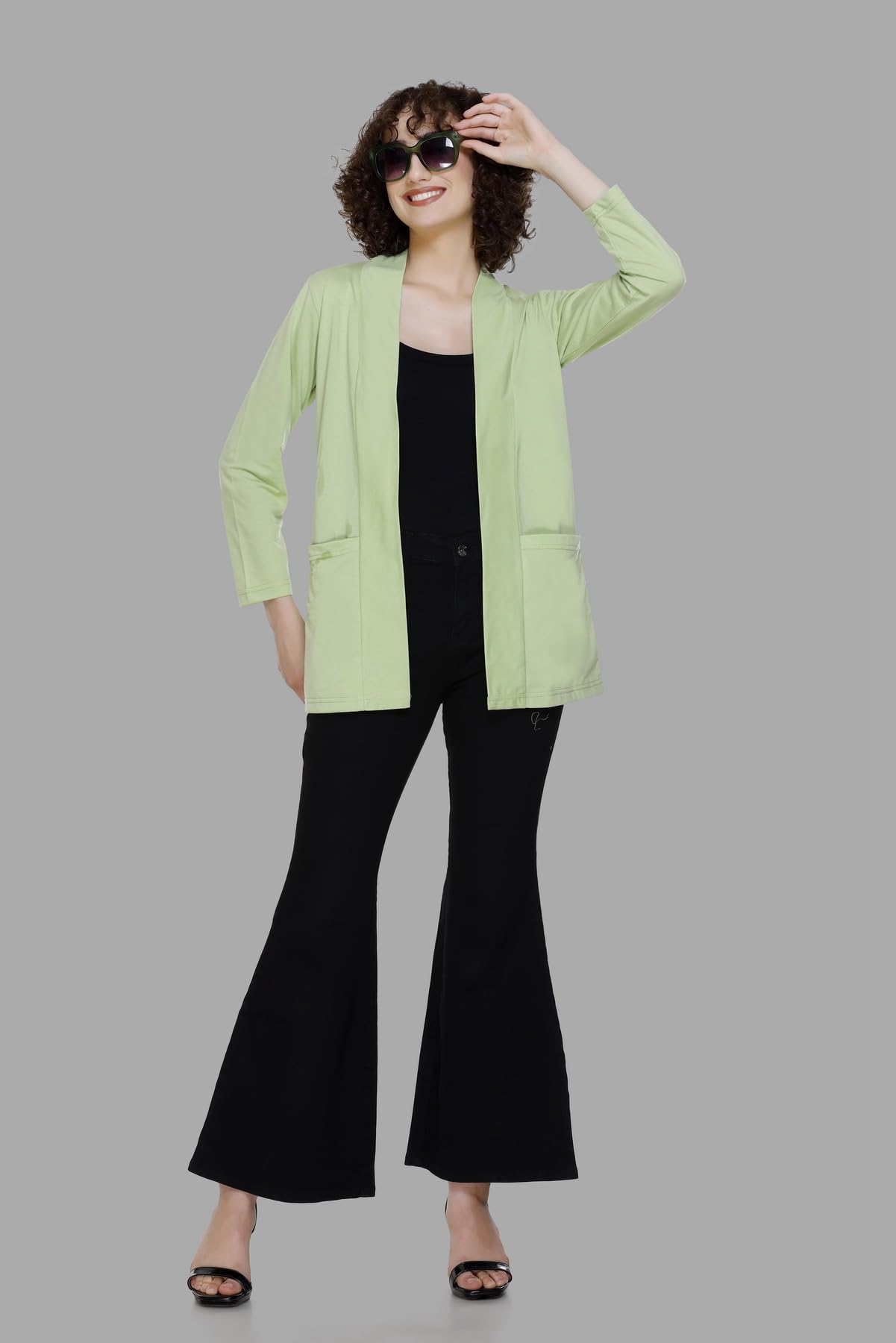 Plush Women's Cotton Waterfall Front Open Regular Mid Length Shurgs | Girls/Ladies Shrug with Front Pockets (2XL-Light Green)