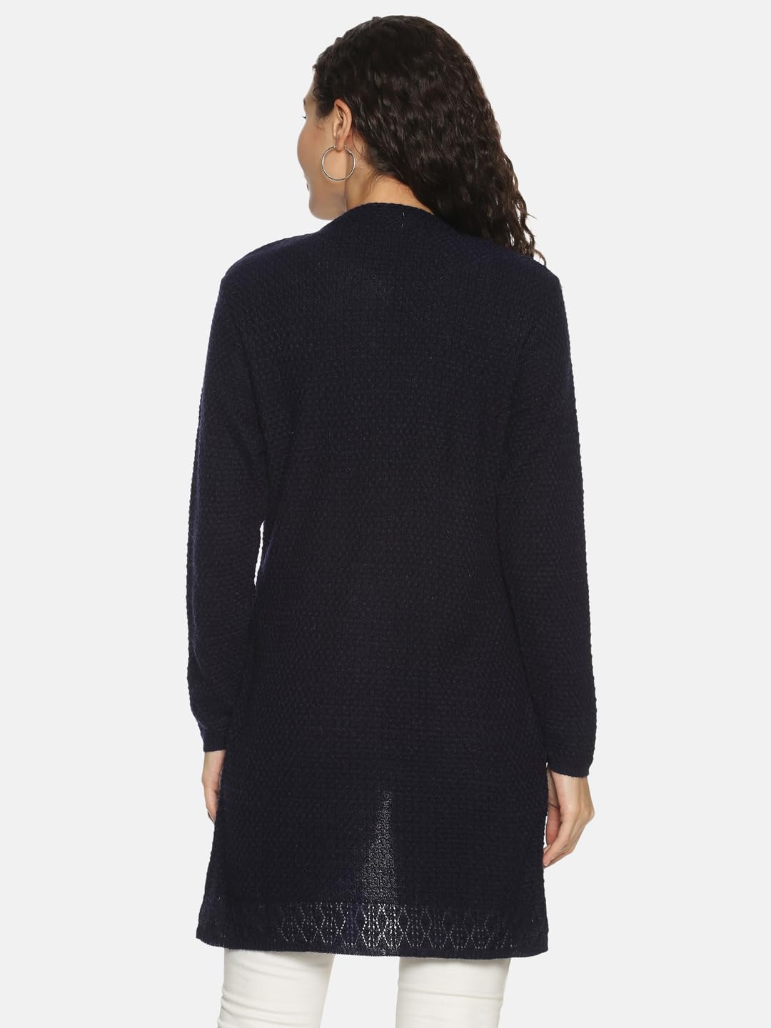 Clapton Winter WearWool Blend Round Neck Full Sleeve Button Self Design/Solid Long Shrug for Women-REXNV4024-NAVY_M