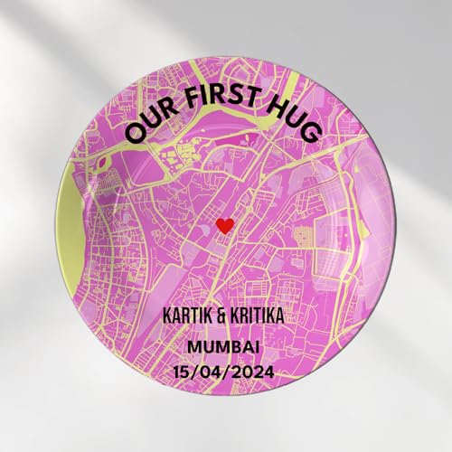 Telinchi Personalized First Hug Street Map Art Plate | Custom Mumbai City Map Decorative Plate with Names, Date & Heart Marker | Romantic Couple Keepsake Gift